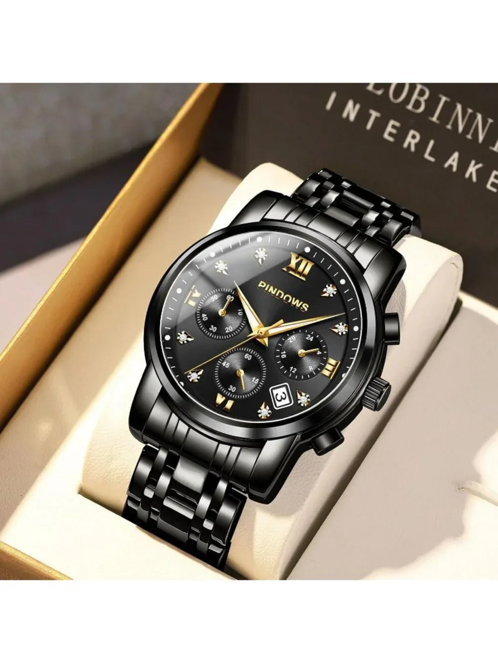 Men's All Black Classic Quartz Watch Stainless Steel Diamond Dial Wrist Watch